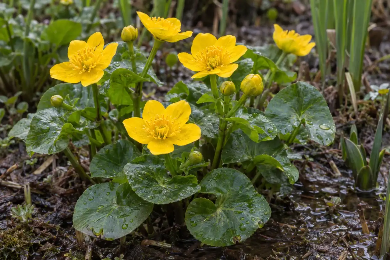 Sumpfdotterblume mit gelben Blüten in einem feuchten Gartenbereich