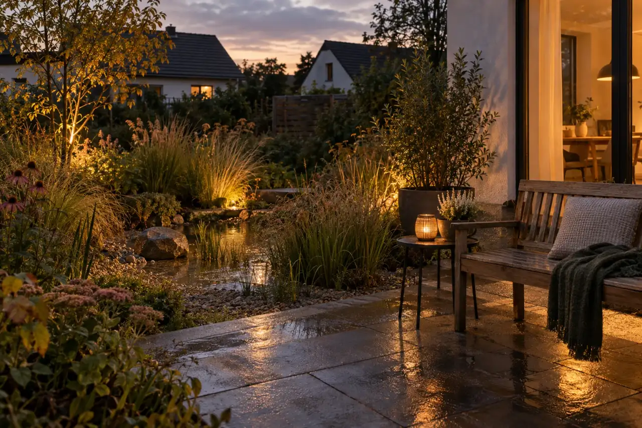 Ruhiger Sitzplatz neben einem bepflanzten Regengarten in der Abendstimmung