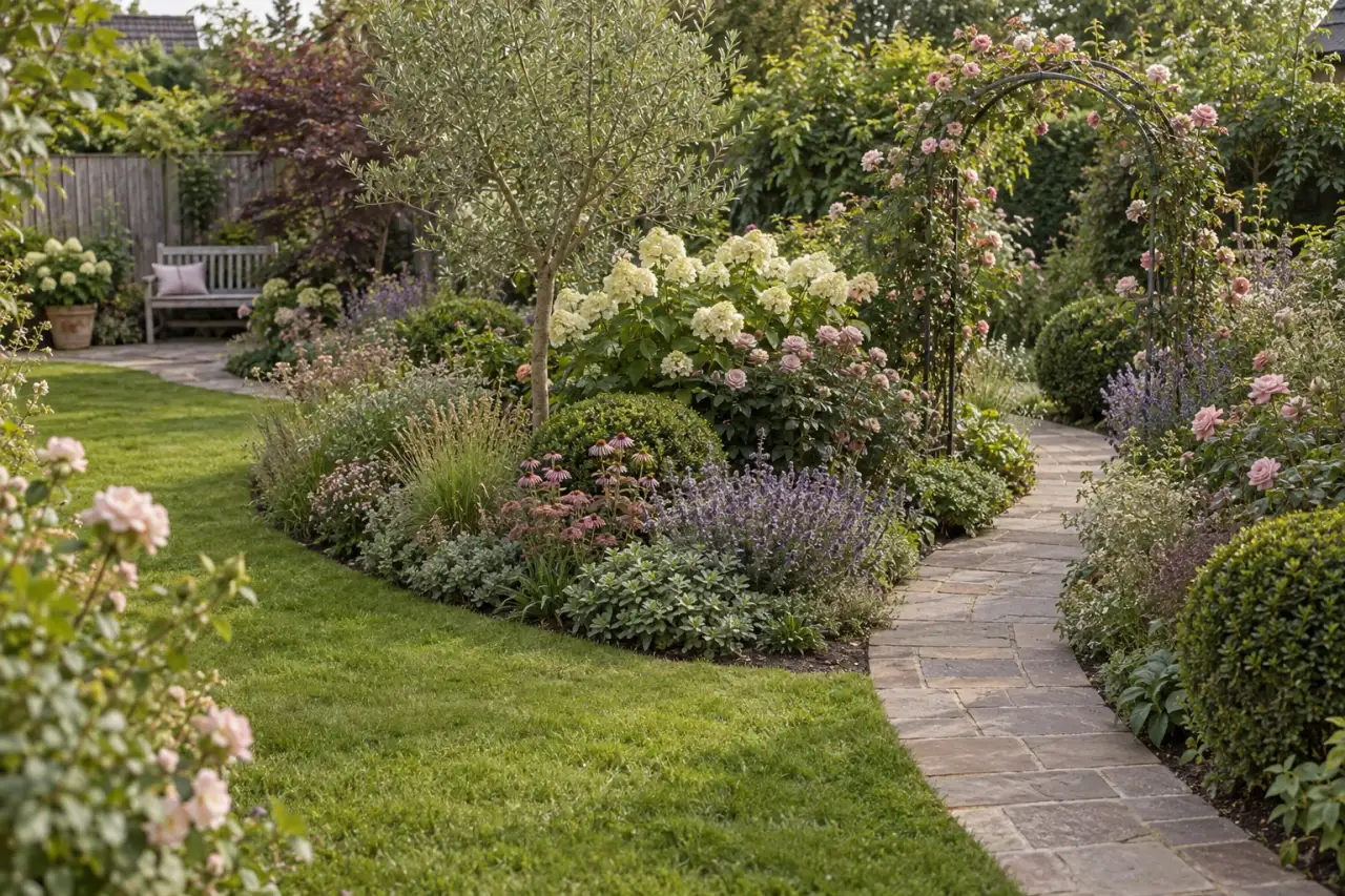 Geschwungene Blickachse zu einer teilweise verdeckten Gartenbank