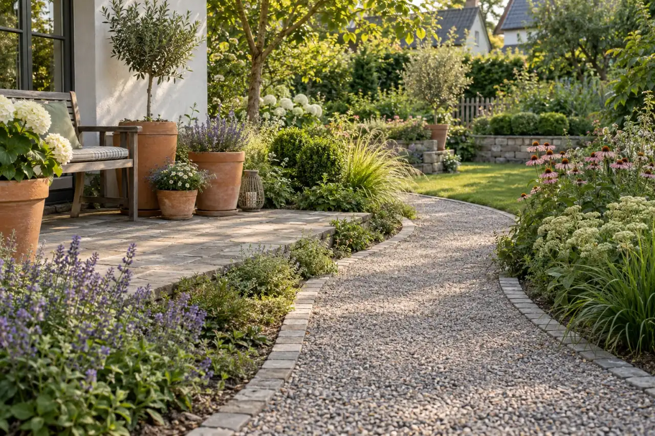 Geschwungener Gartenweg mit klarer Kante und einzelnen überhängenden Stauden