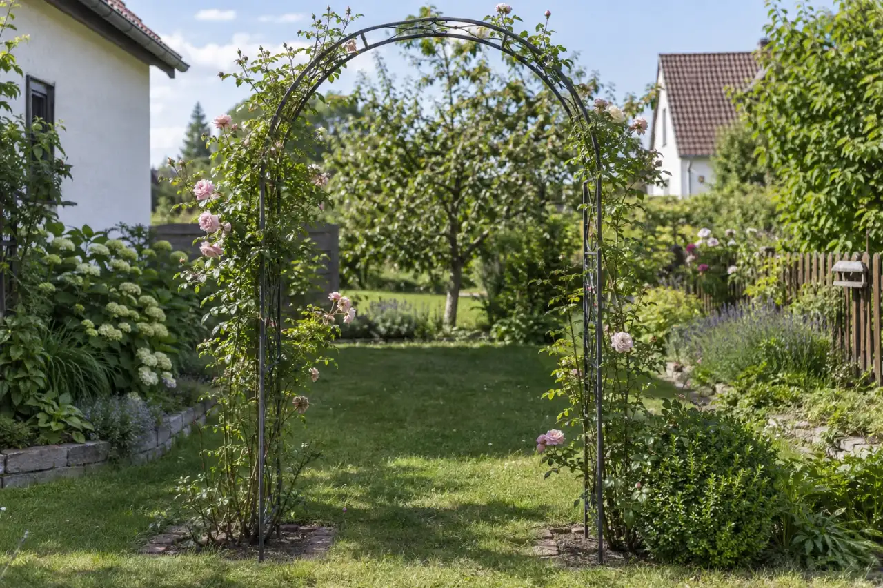 Freistehender filigraner Rosenbogen zwischen zwei Gartenräumen