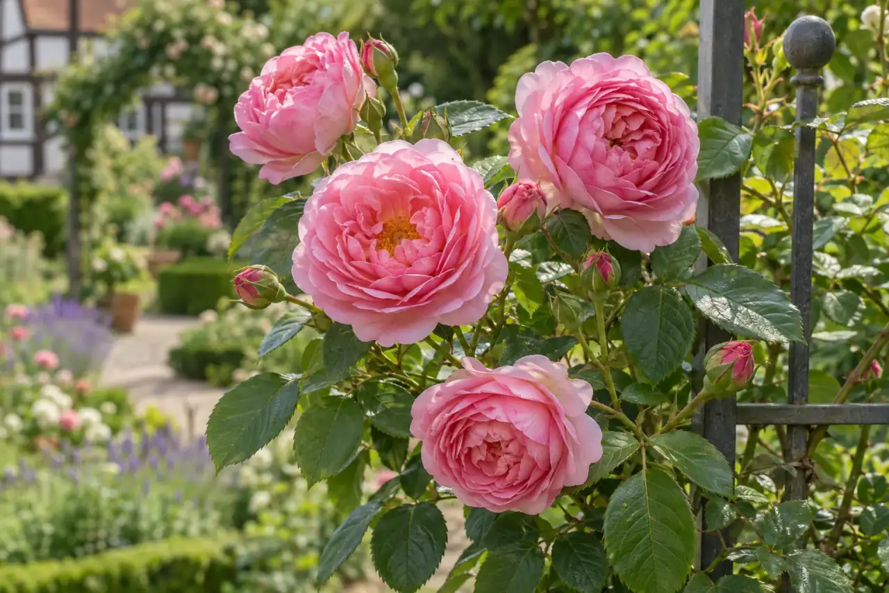 Blüten und Laub einer Gartenrose als Beetblickfang