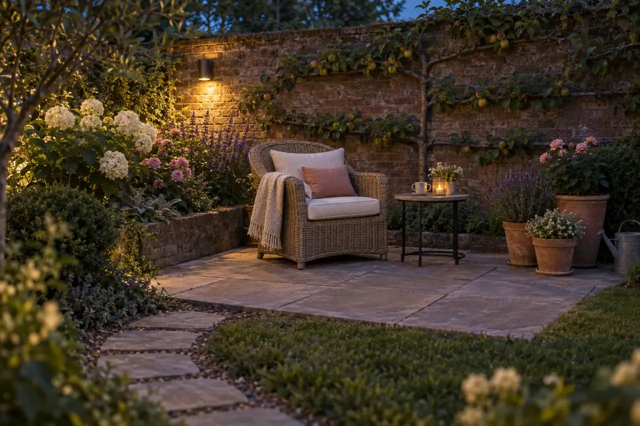 Ruhiger romantischer Lieblingsplatz im Garten am Abend