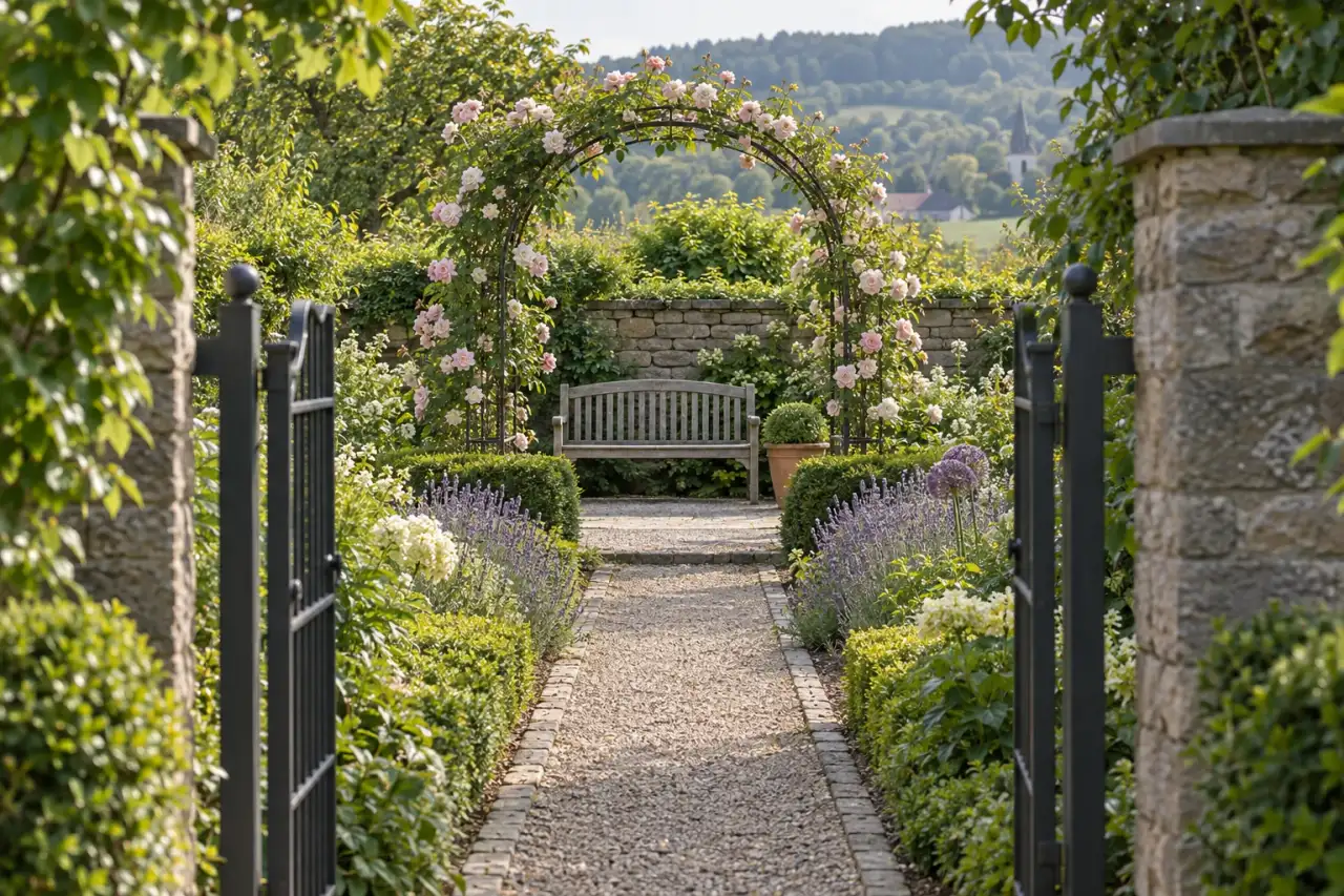 Gerahmte Sichtachse durch einen Rosenbogen zu einer Gartenbank