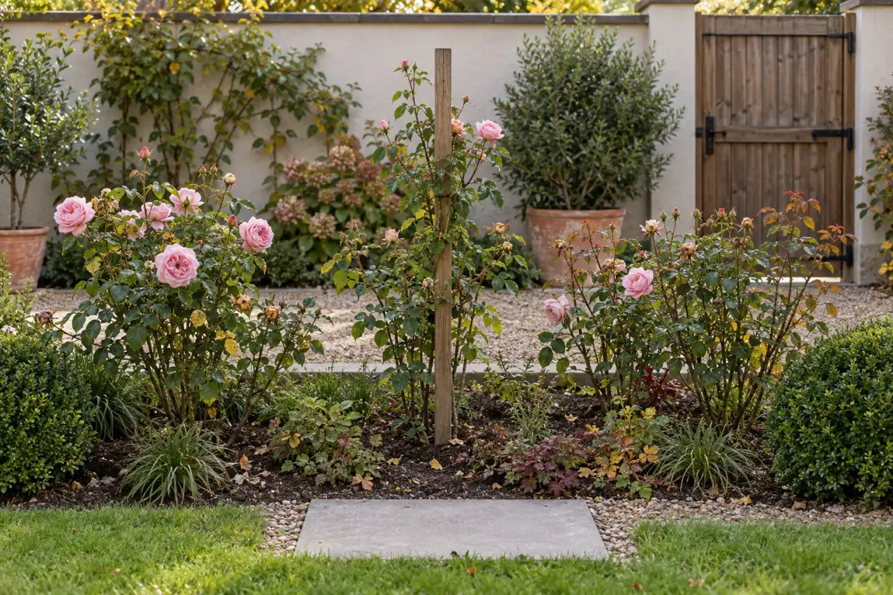 Gut erreichbares Rosenbeet neben einem freien Pflegeweg