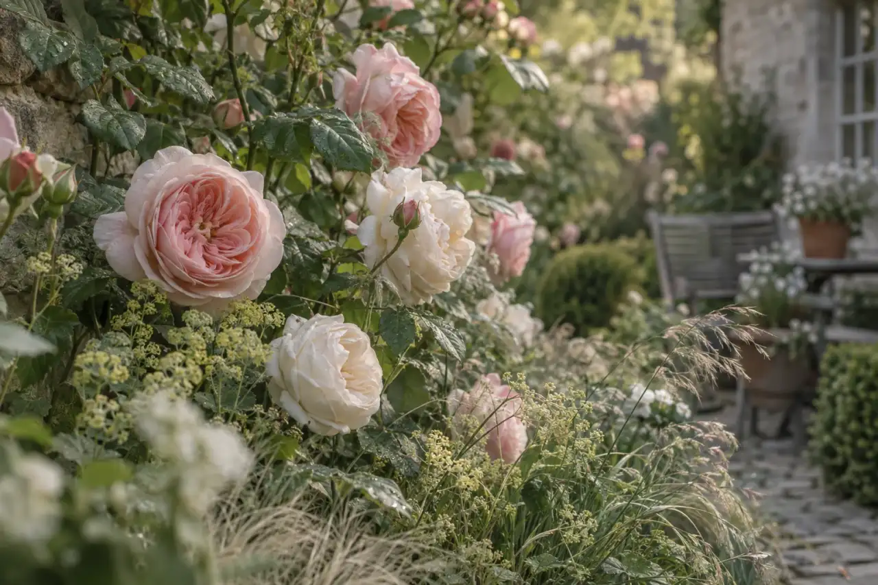 Gedämpfte rosafarbene und cremeweiße Rosen zwischen salbeigrünem Laub