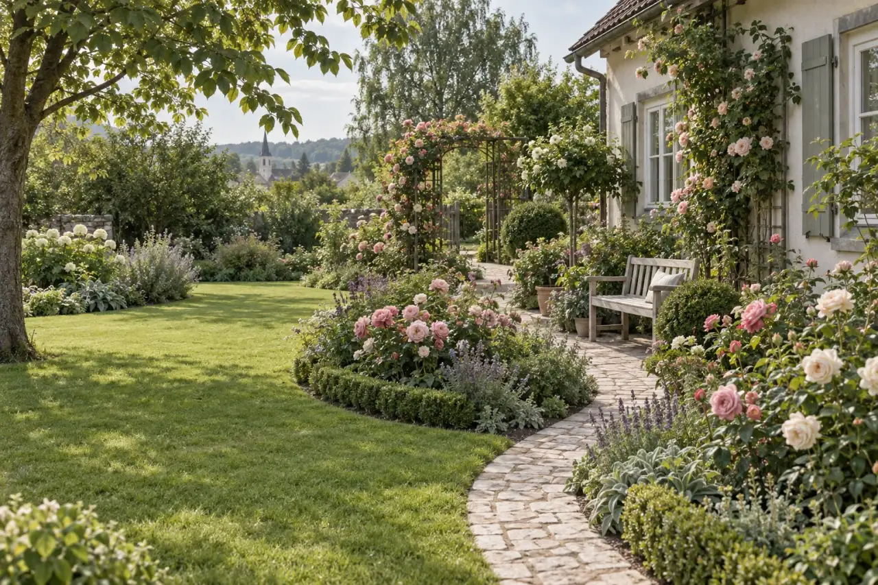 Kleiner Rosengarten mit geschwungenen Beeten, hellem Weg und Holzbank