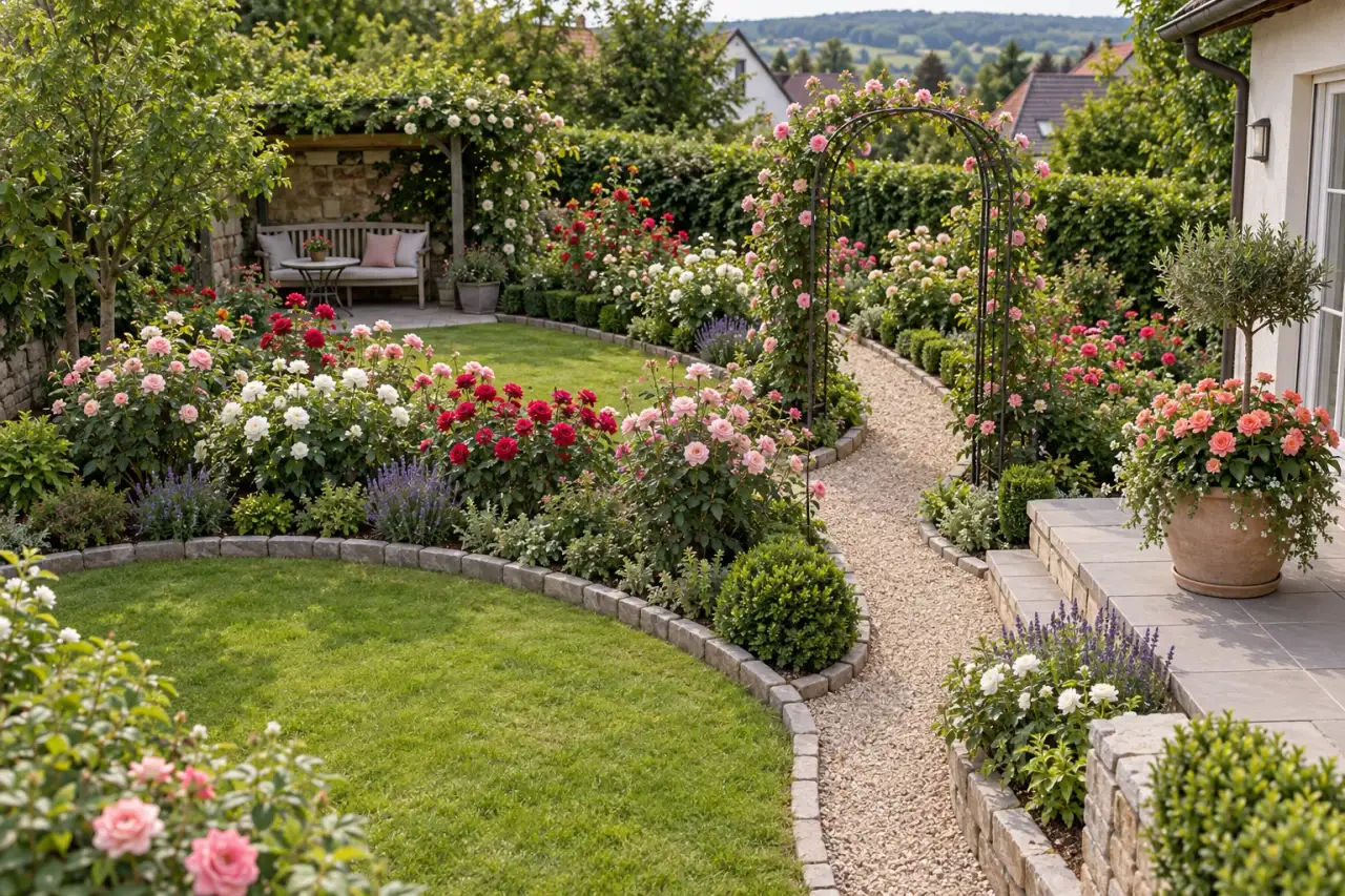 Gesamtansicht mit Rosenbeeten, Weg, Sitzplatz, Rosenbogen, Einfassung und großem Pflanzgefäß