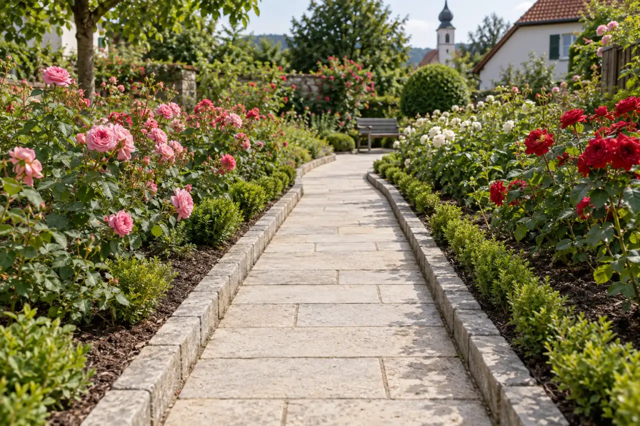 Schmaler klar geführter Plattenweg zwischen Rosenbeeten