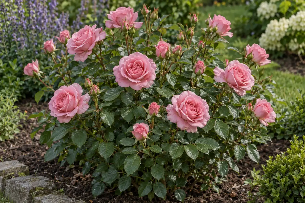 Kompakt wachsende Beet- oder Strauchrose mit rosafarbenen Blüten