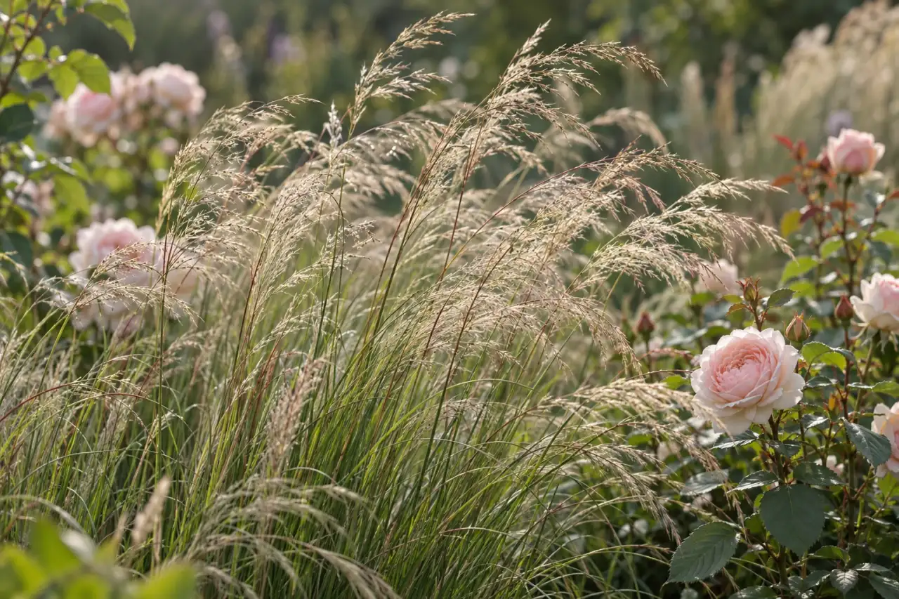 Filigrane standortgerechte Ziergräser zwischen Rosenlaub