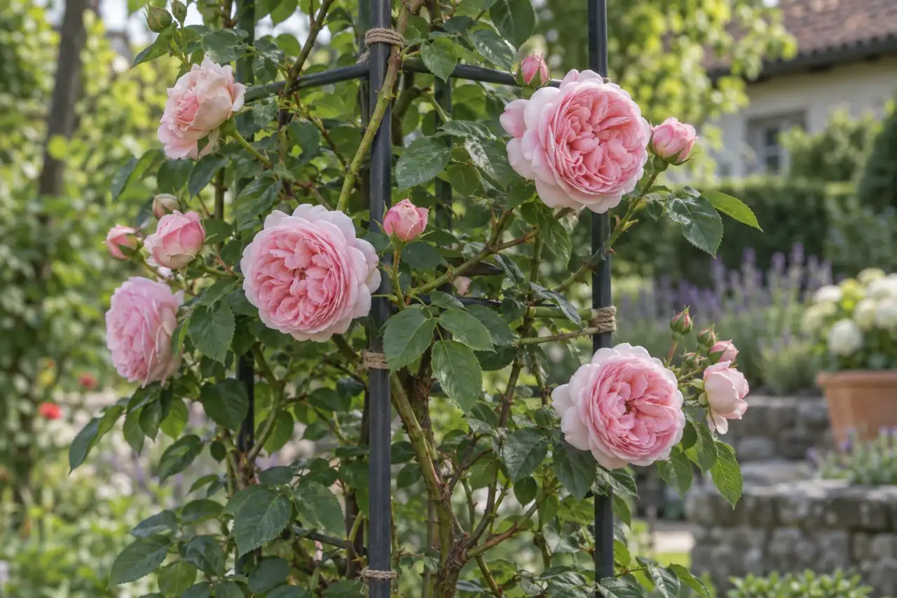Kletterrose mit geführten Trieben an einer schlichten Rankhilfe