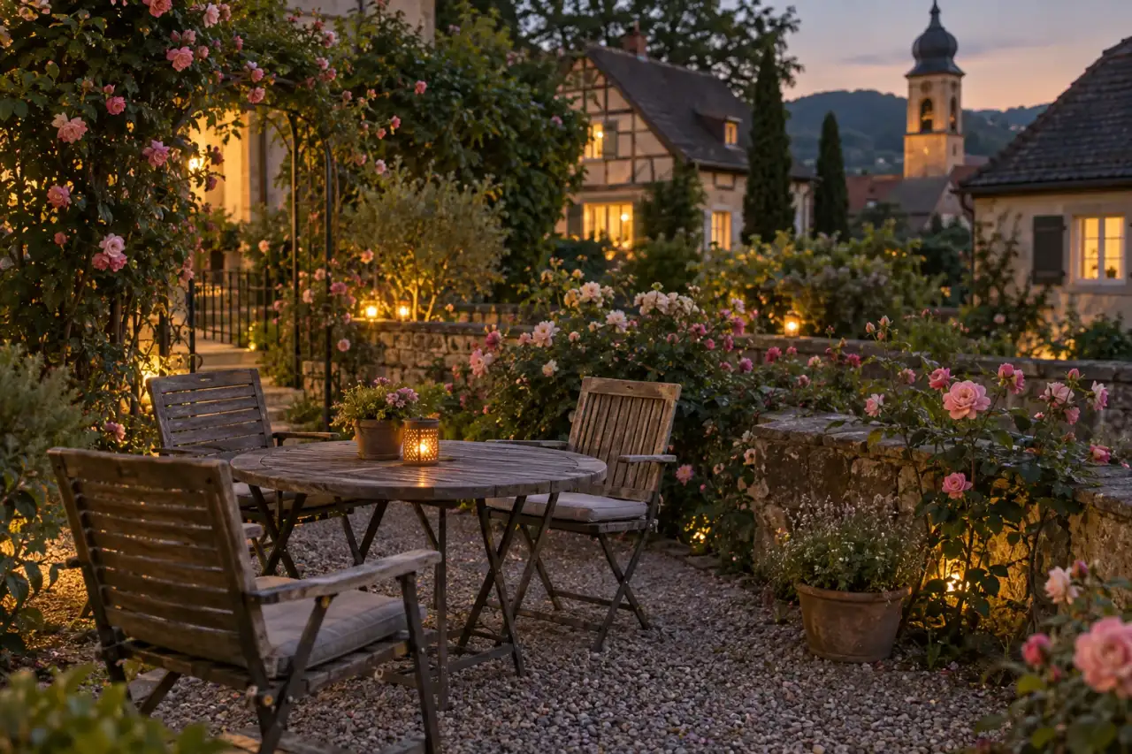 Ruhiger Lieblingsplatz zwischen Rosen in warmer Abendstimmung