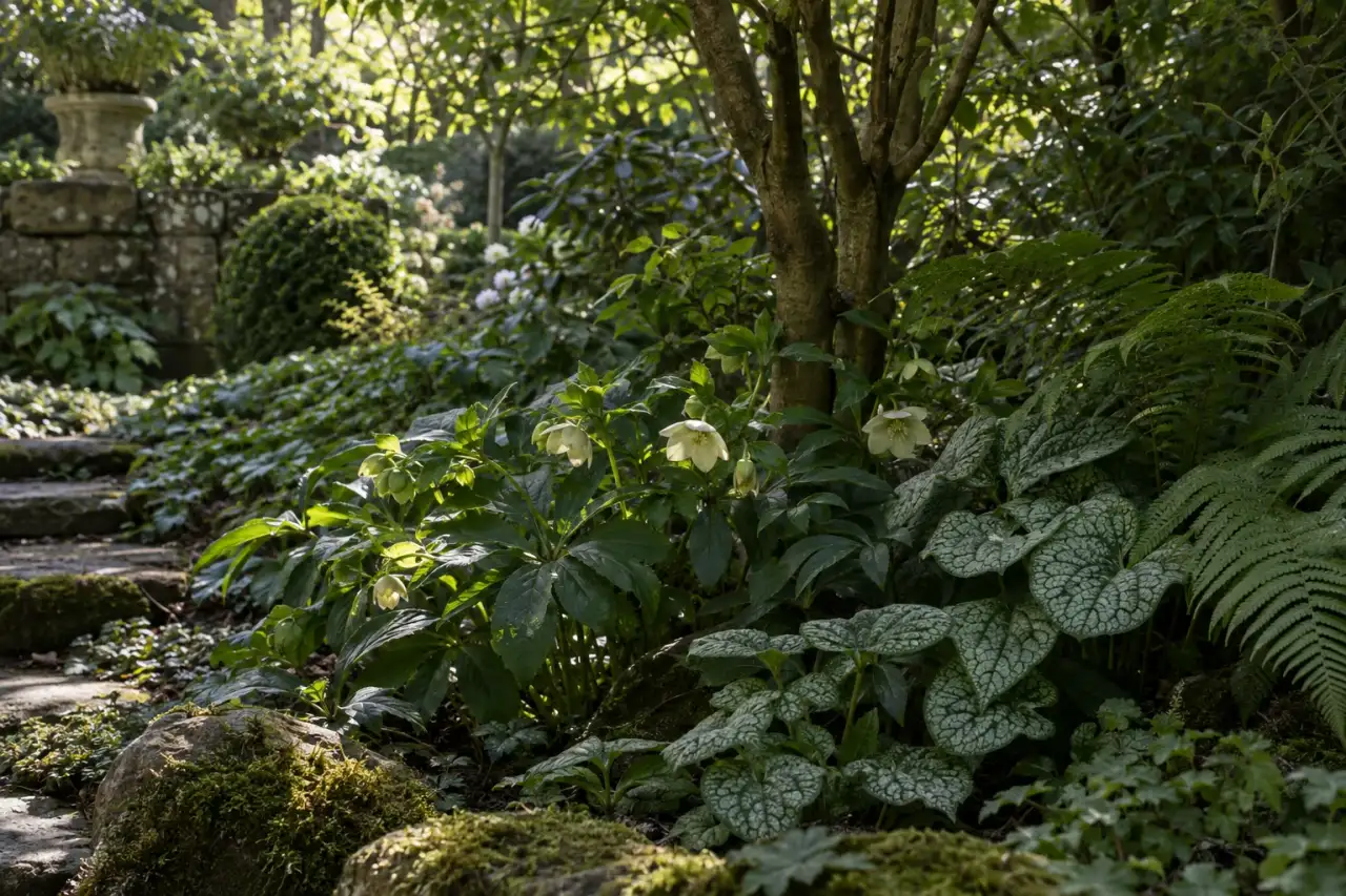 Helle Blattzeichnungen und wenige cremefarbene Blüten als Lichtinseln im tiefen Grün