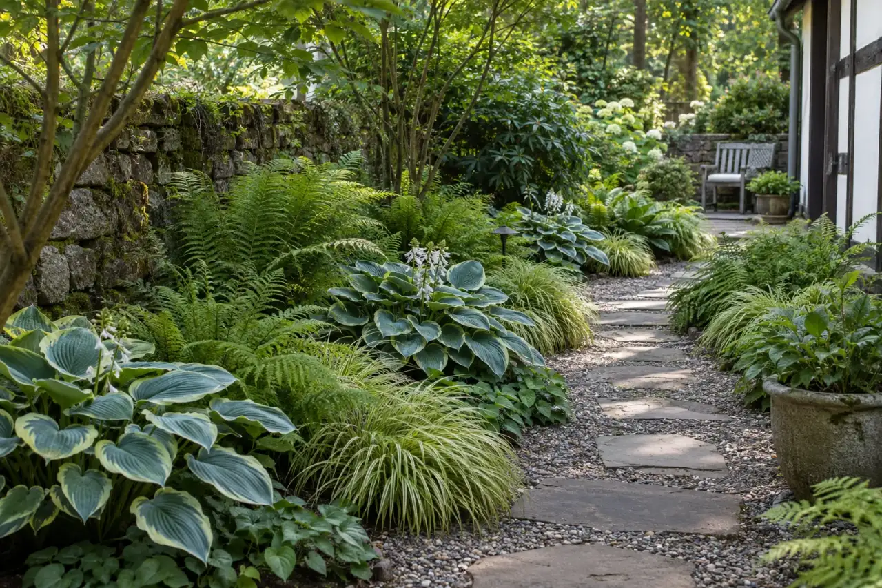 Wiederkehrende Gruppen aus Farnen, Funkien und Seggen entlang eines Gartenwegs