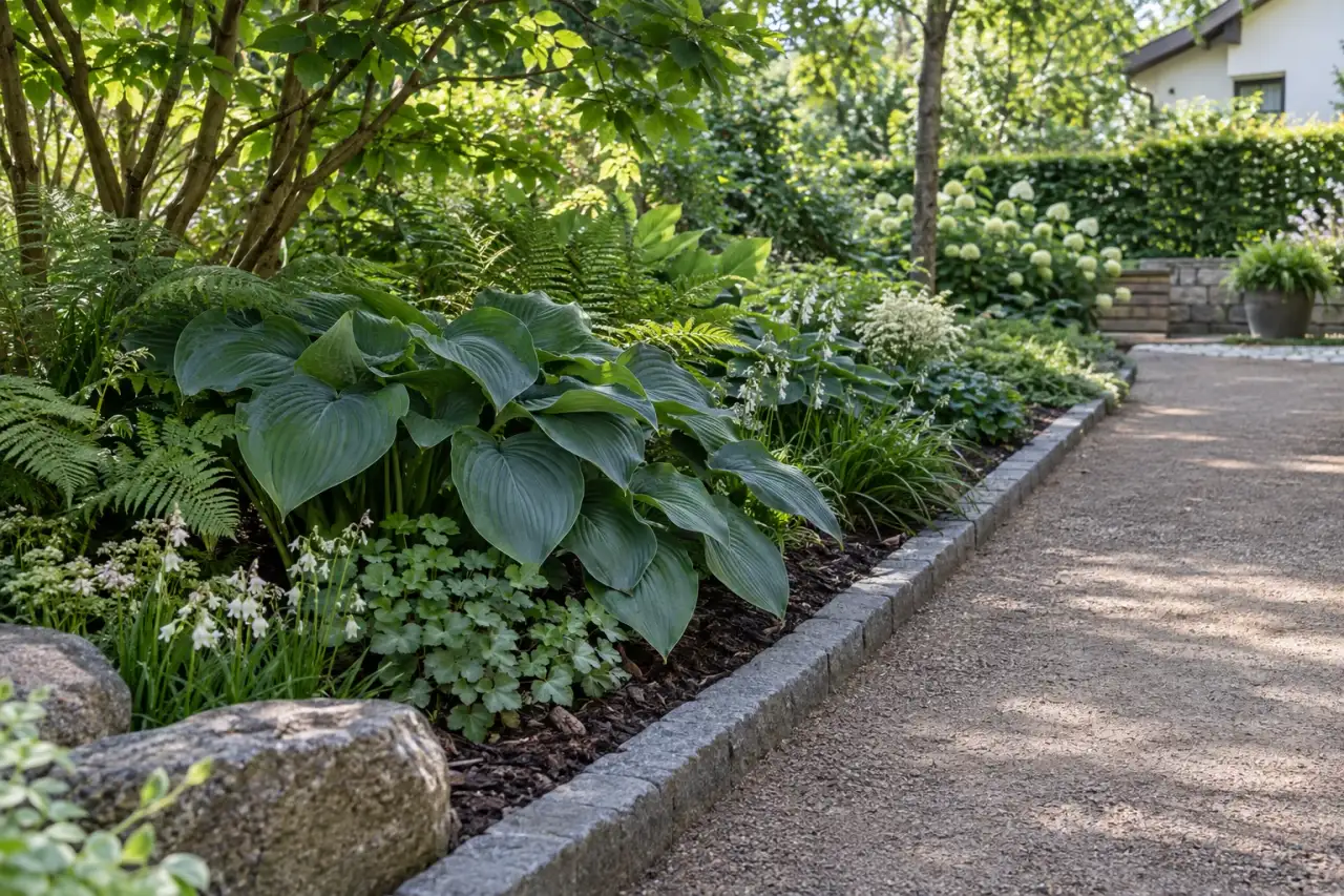 Klare Beetkante und gut erreichbare Pflanzfläche an einem matten Gartenweg