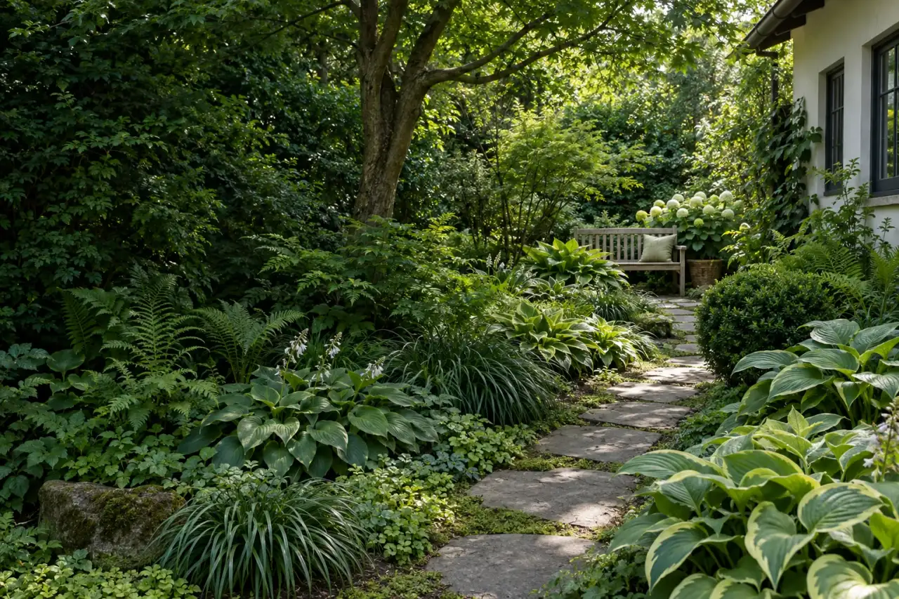 Ruhiger Schattengarten mit gestaffeltem Blattgrün, Plattenweg und Holzbank