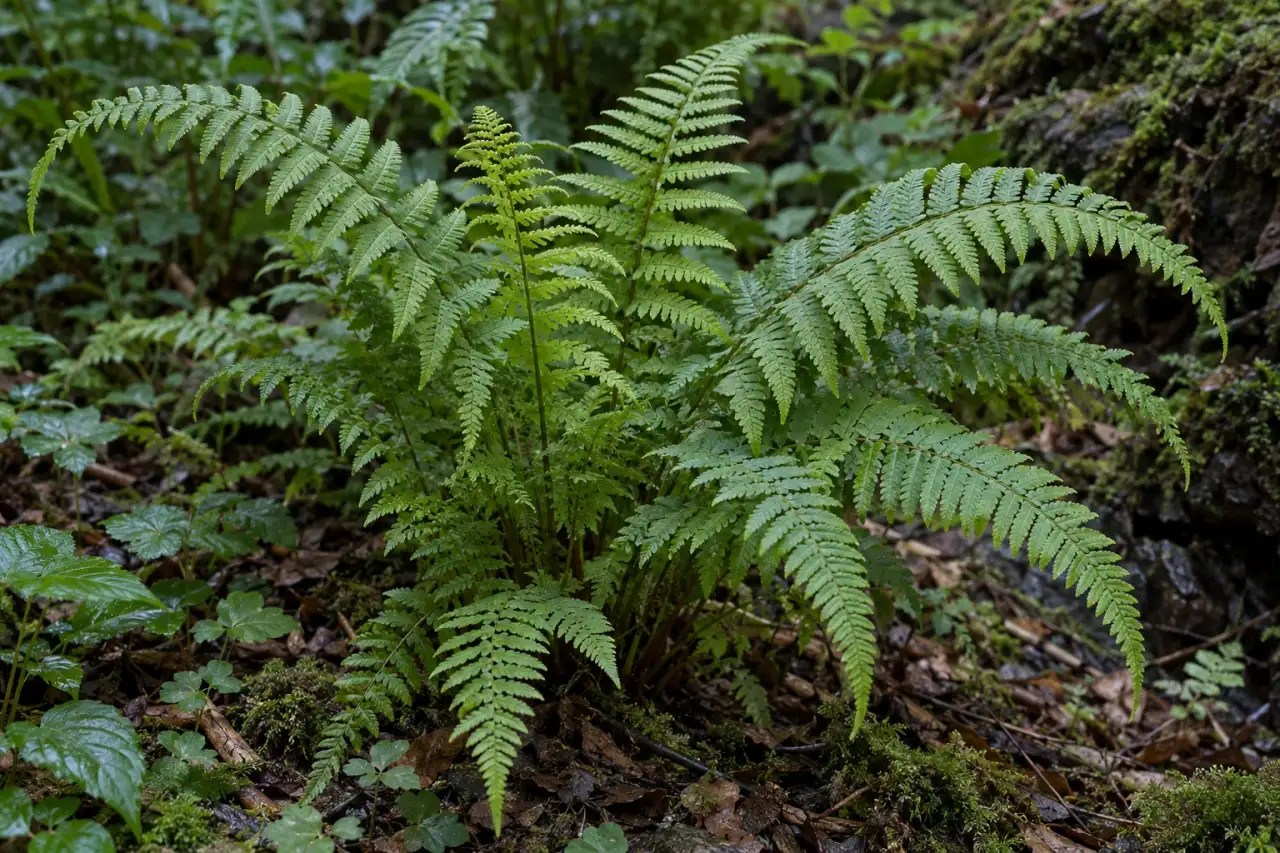 Fein gegliederte Farnwedel in einem schattigen Beet