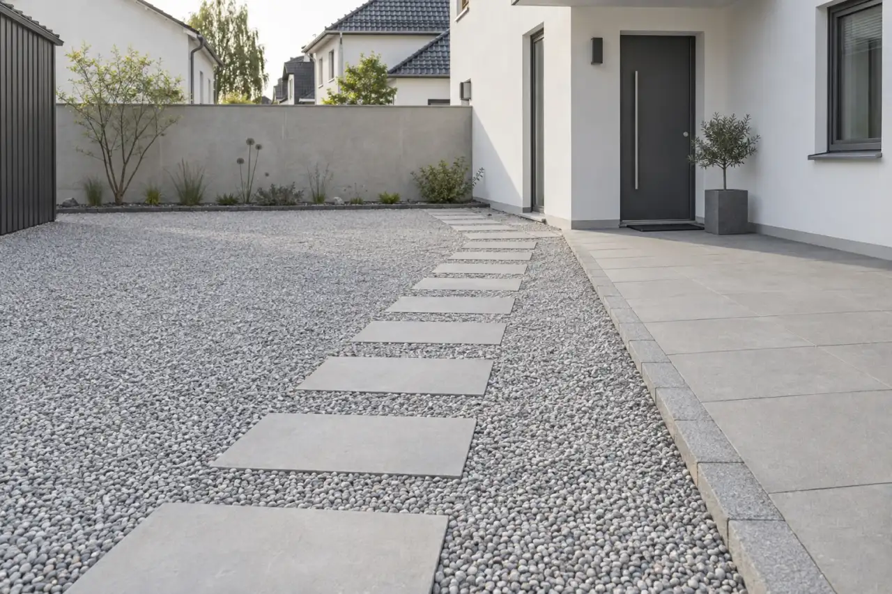 Klare Randlinien zwischen Schotter, Terrasse und geradem Trittplattenweg