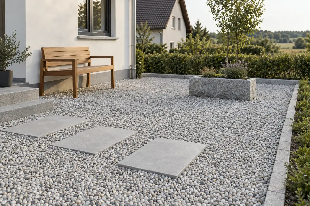 Abgestimmte Kombination aus Schotter, Randstein, Trittplatten, Holz und Pflanztrog