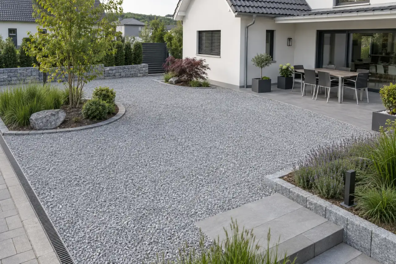 Große zusammenhängende Schotterfläche mit wenigen untergeordneten Gartenbereichen