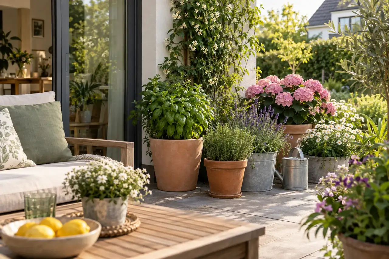 Hausnahe Duft- und Blüteninsel mit erreichbaren Kräutergefäßen