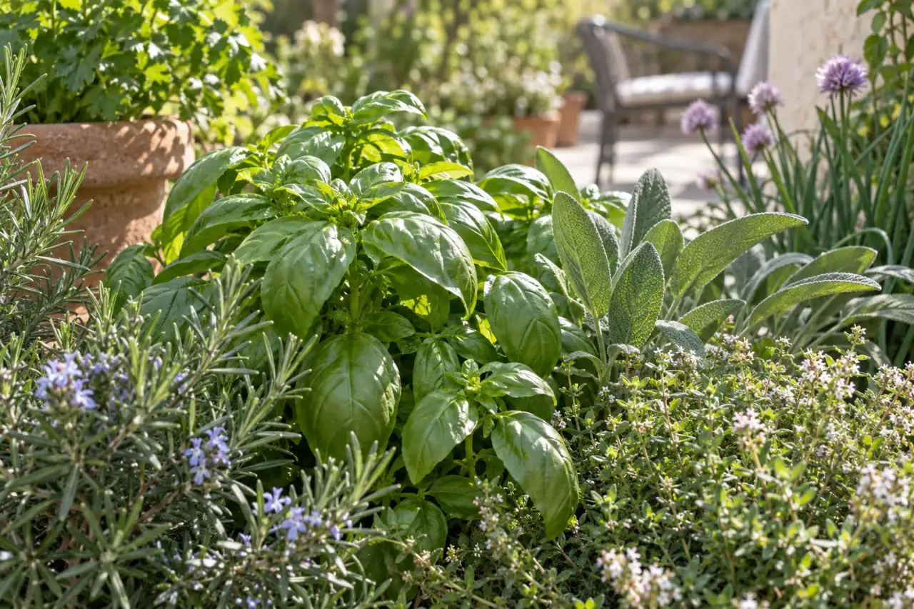 Kräuterblätter, bewegtes Laub und jahreszeitliche Blüten nahe der Terrasse