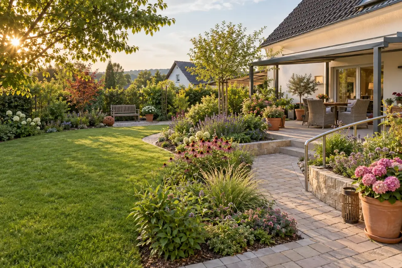 Übersichtlicher Hausgarten mit klaren Wegen, erreichbaren Pflanzungen und geschütztem Sitzplatz
