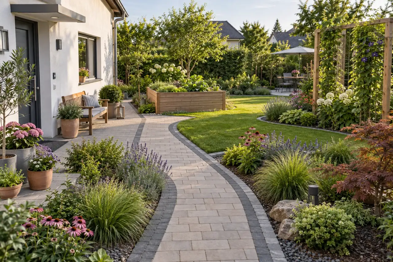 Gesamtansicht mit Gartenweg, Sitzplatz, erhöhtem Beet, Pflanzinseln, Gefäßgruppe und Rankgerüst