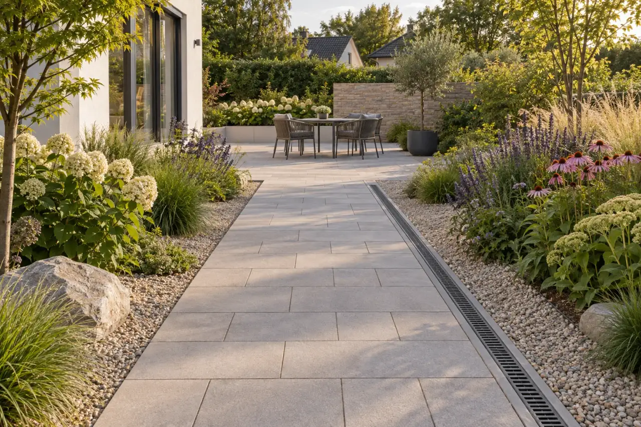 Gartenweg mit optisch abgesetzten Rändern und klarer Führung