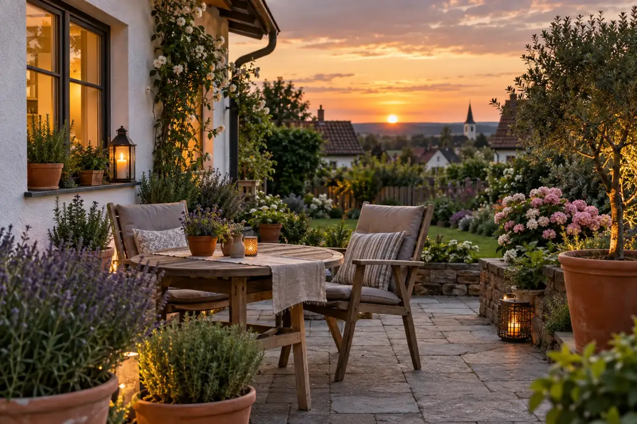 Ruhiger Lieblingsplatz mit Kräutern und Blüten in warmer Abendstimmung