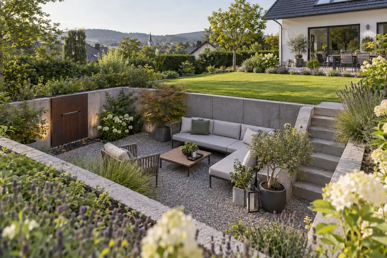 Klar gefasster Gartenraum unter dem Niveau der angrenzenden Fläche