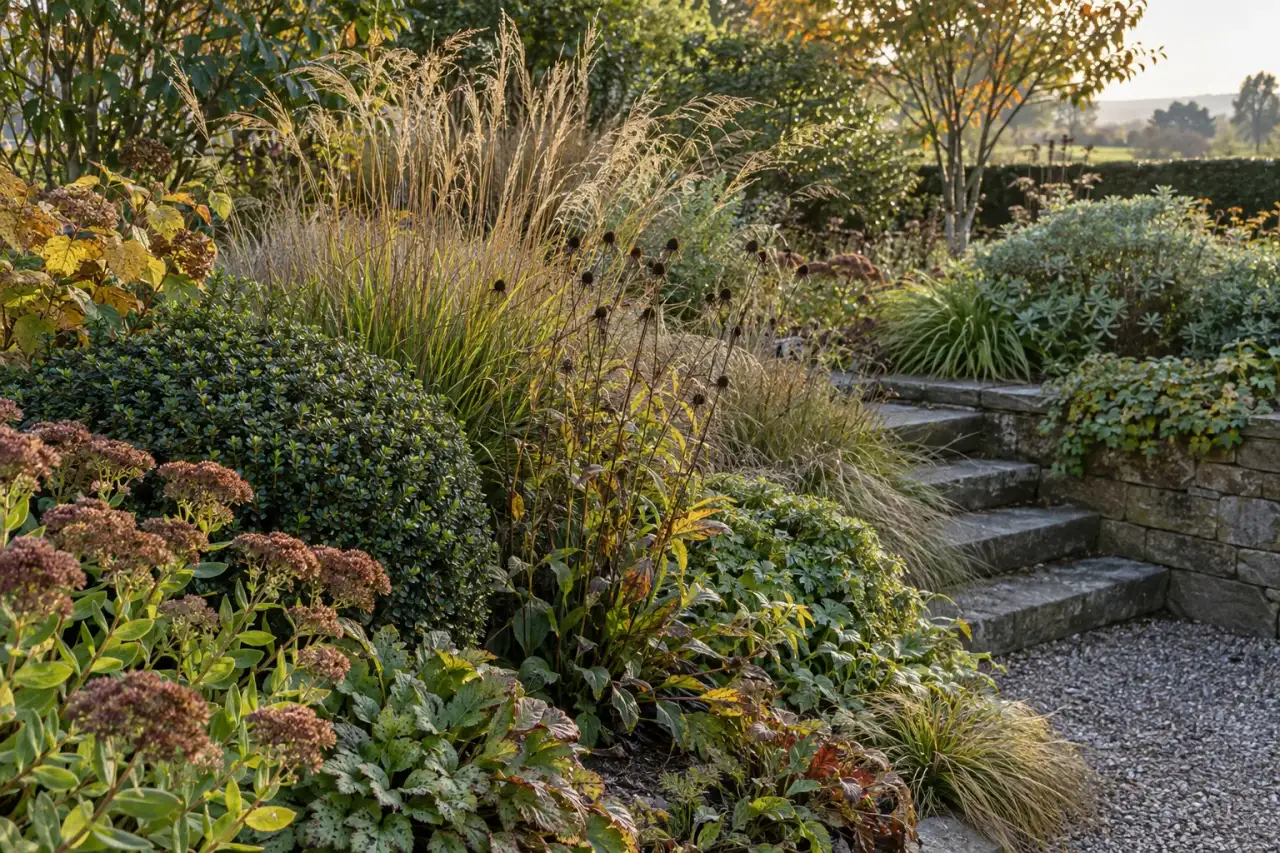 Gehölzformen, Gräser und Blätter geben dem Gartenrand saisonale Struktur