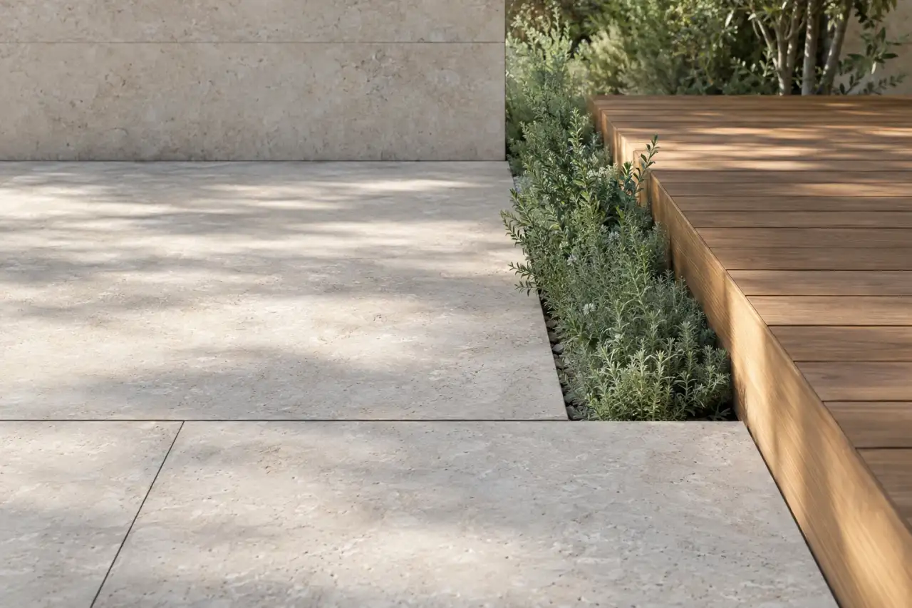 Ruhige Flächen aus Naturstein, Holz und gedämpftem Blattgrün