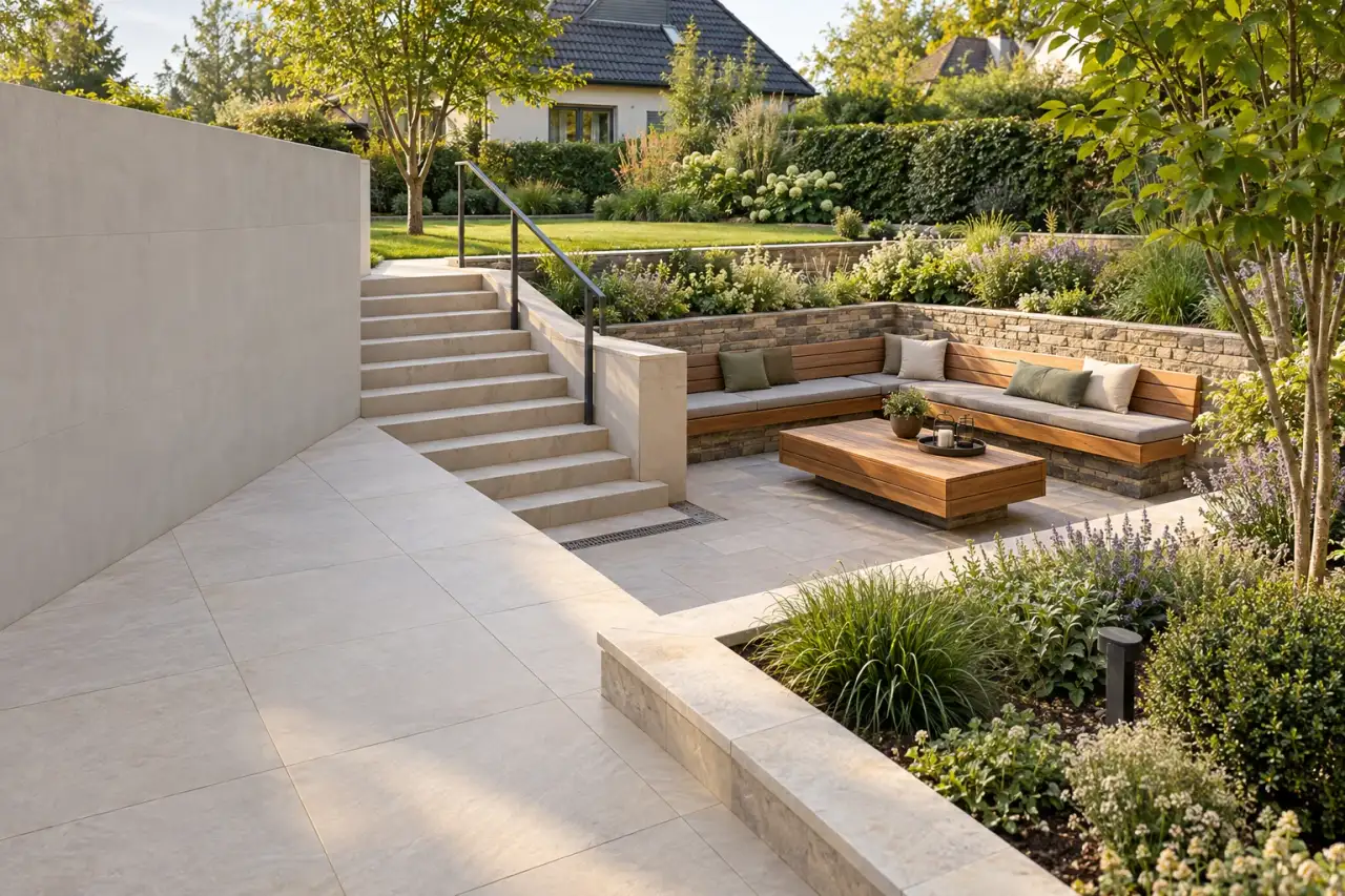 Einladender Senkgarten mit breiter Treppe, Natursteinboden, Sitzplatz und bepflanzten Rändern