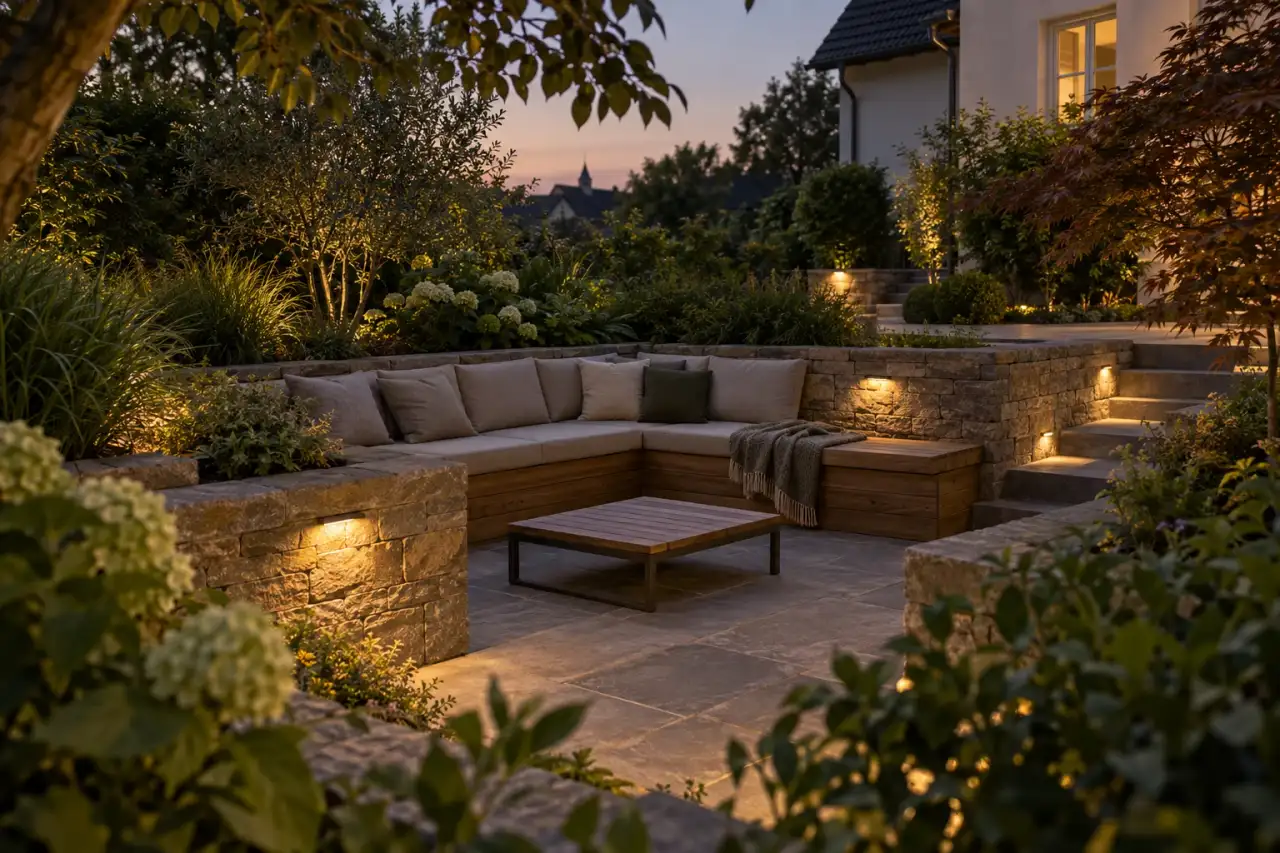Bewohnlich gestalteter Lieblingsplatz im Senkgarten in ruhiger Abendstimmung