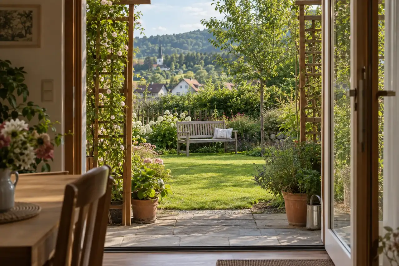 Gerahmter Blick vom Haus über die Terrasse zu einer Bank im Grünen