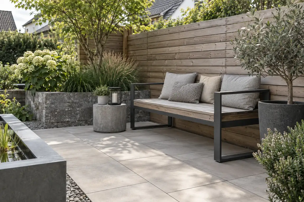 Helle matte Gartenmaterialien mit Naturholz und einem dunklen Metallakzent