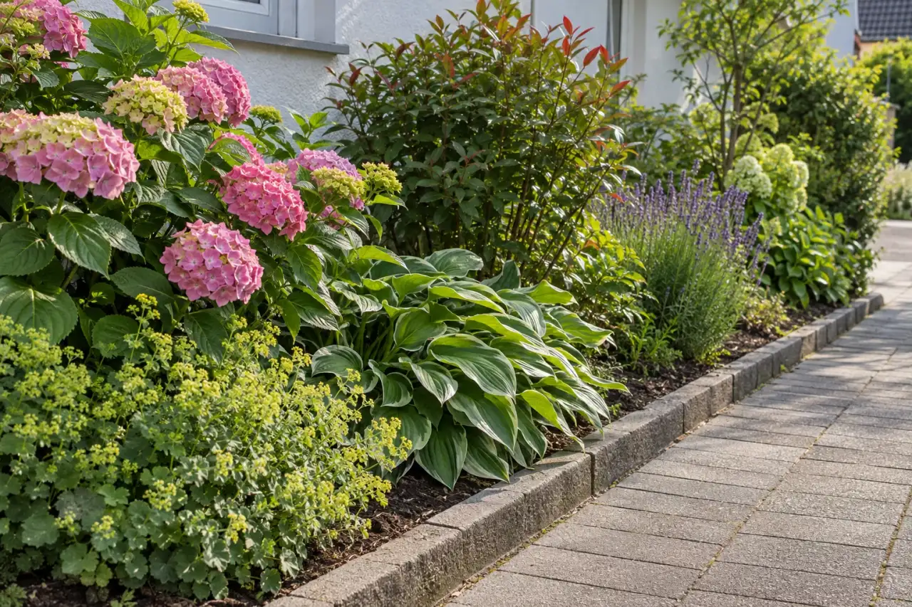 Gut erreichbarer Pflanzsaum mit klarer Kante neben einem schlichten Gartenweg