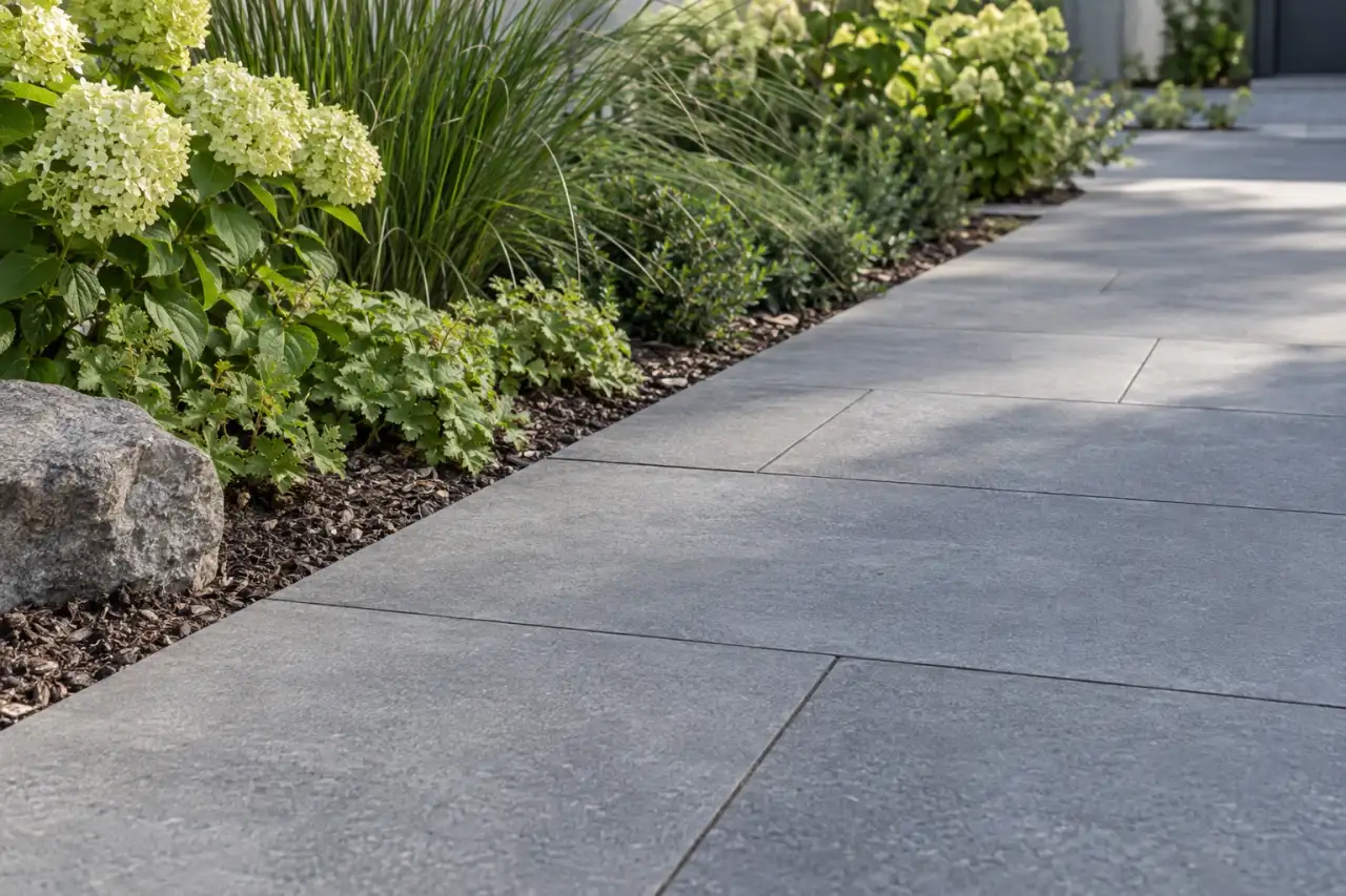 Geradliniger Gartenweg aus zurückhaltend grauen Platten mit klarer Pflanzkante