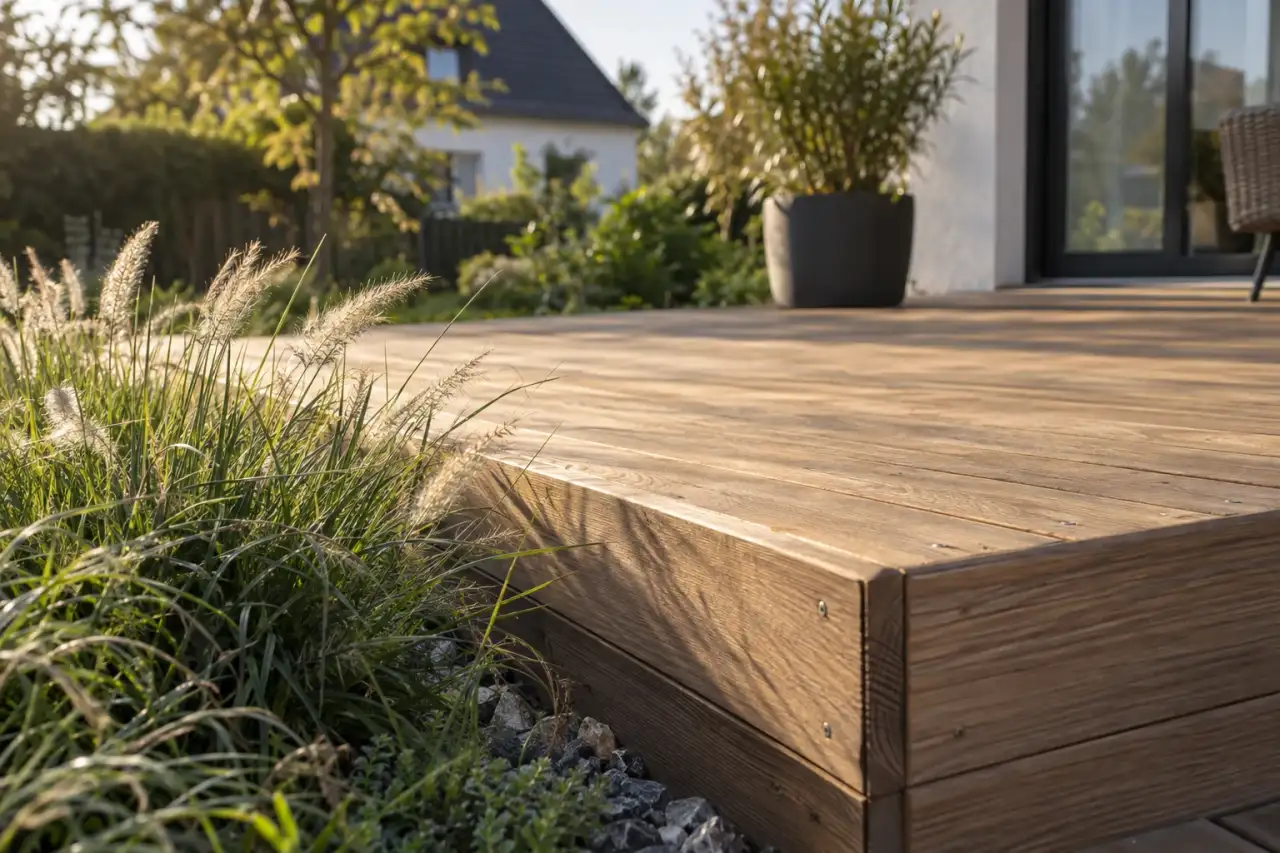 Klar gefasste Ecke einer schlichten Holzterrasse neben weichen Gräsern