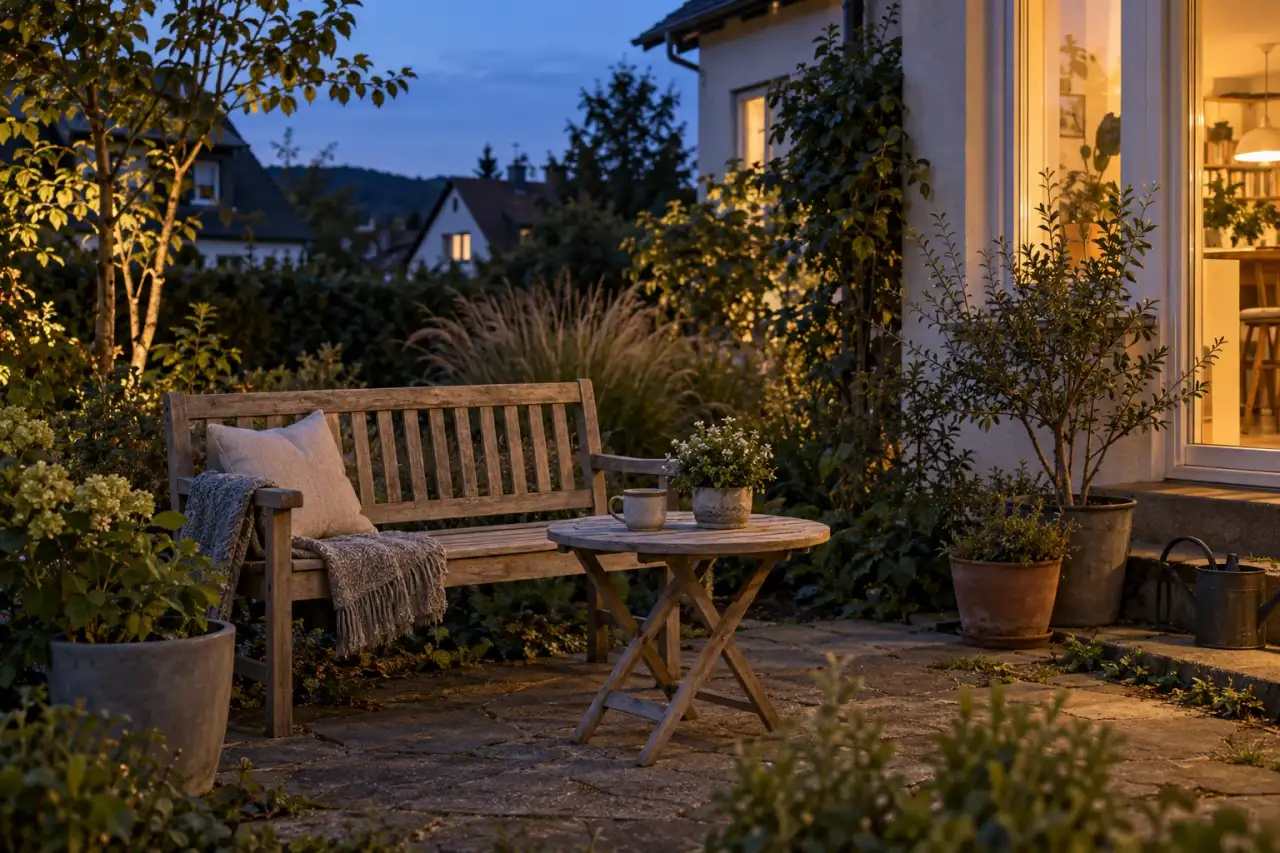 Bewohnlich wirkender Lieblingsplatz mit Holzbank, Pflanzgefäßen und ruhiger Abendstimmung
