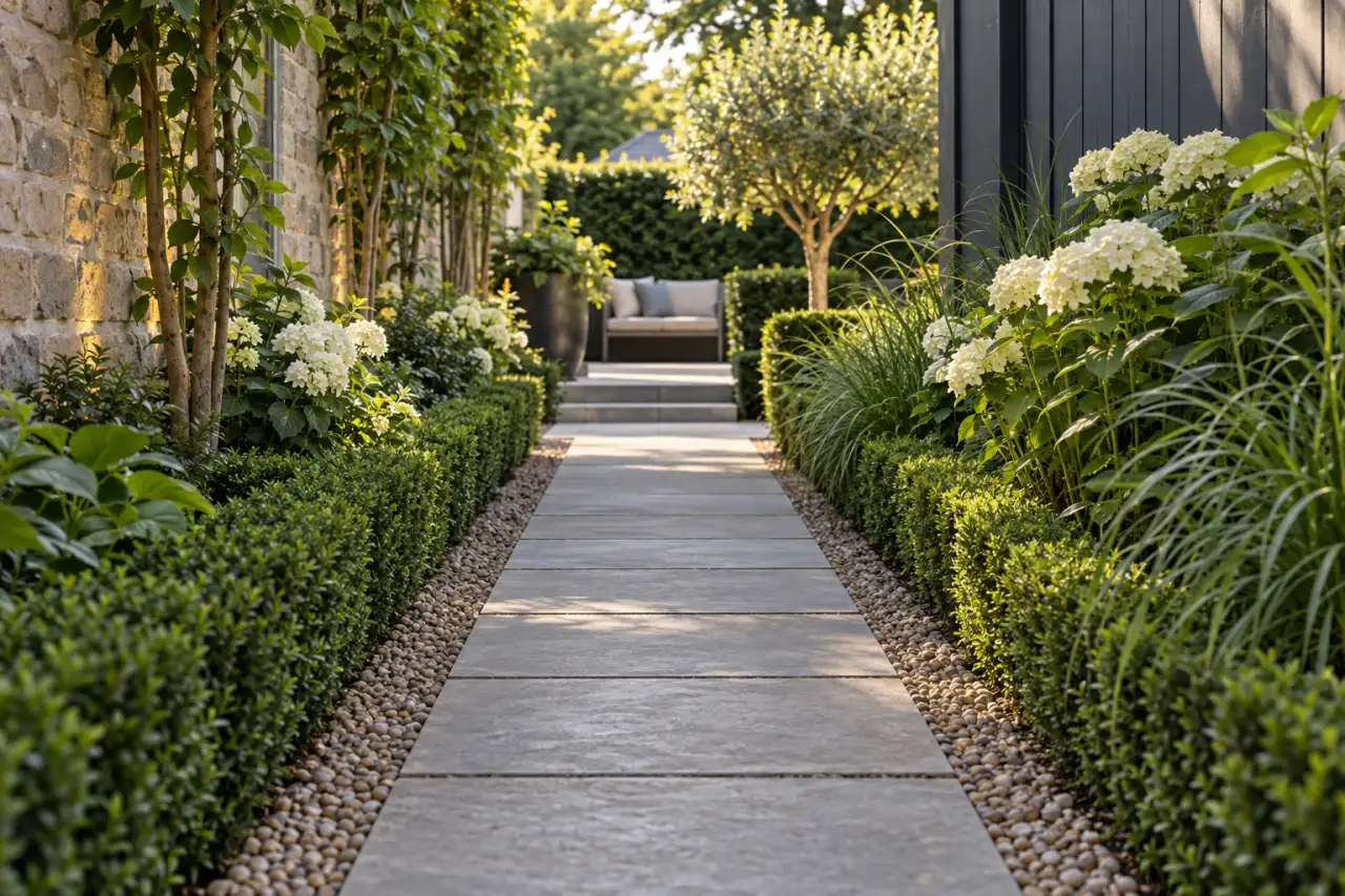 Schmaler gerader Gartenweg mit klar geführten Kanten
