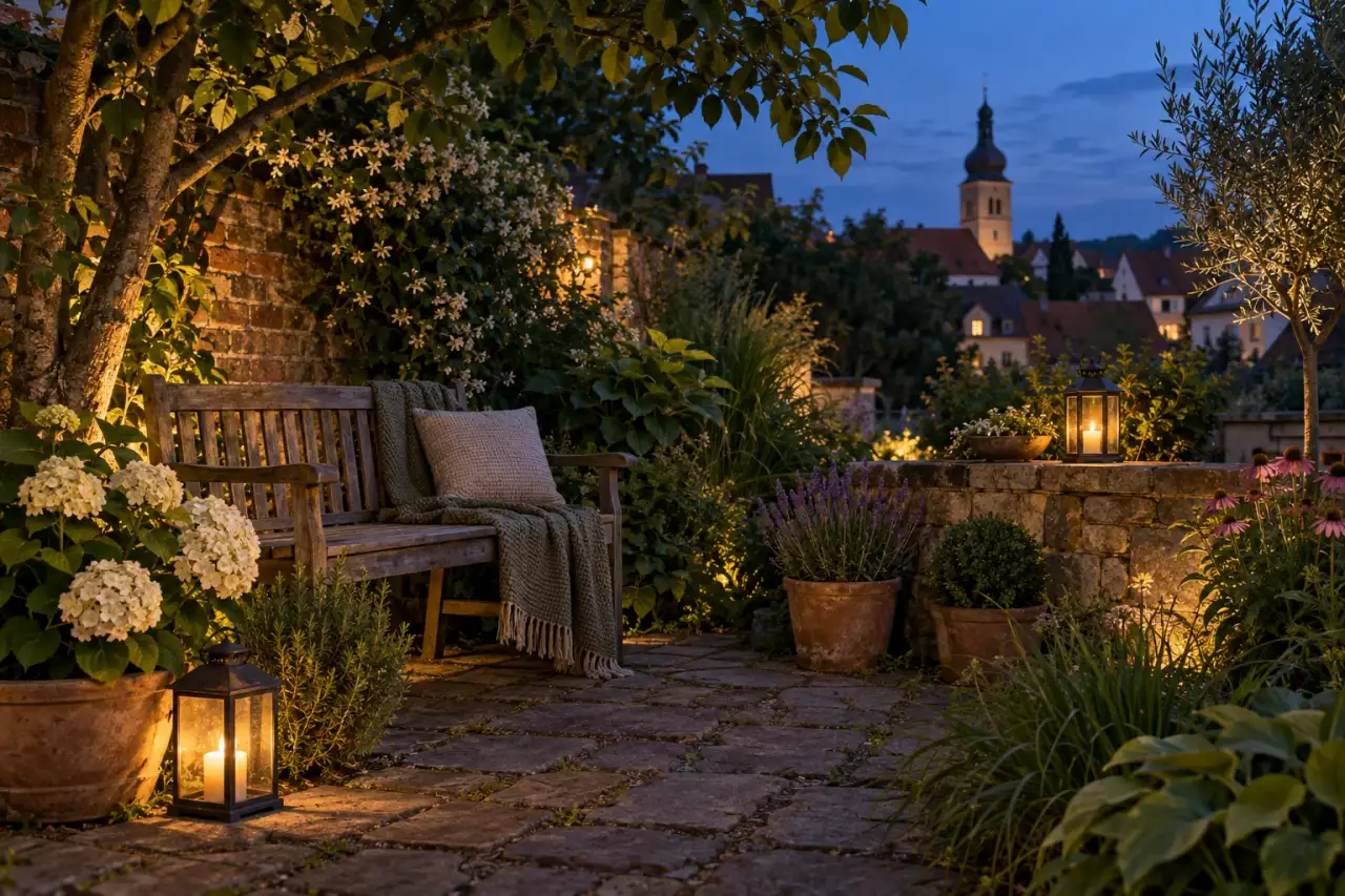 Ruhiger Lieblingsplatz im begrünten Stadtgarten am Abend