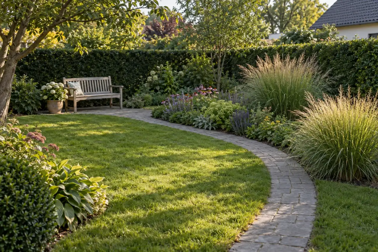 Gerahmte Blickachse entlang eines Gartenwegs zu einer kleinen Sitzbank