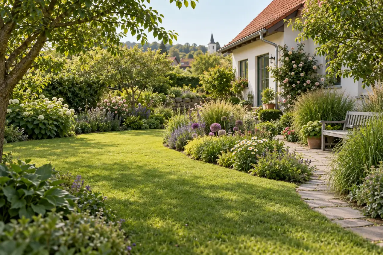 Kleiner Staudengarten mit geschwungenen Beeten, schmalem Weg und gerahmter Bank