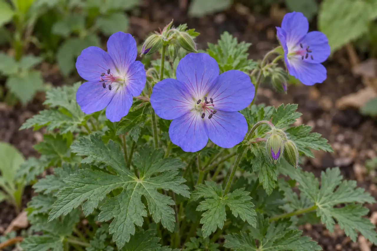 Storchschnabel mit gelappten Blättern und offenen blauvioletten Blüten