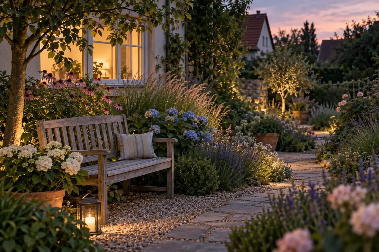 Ruhiger Lieblingsplatz zwischen Stauden und Gräsern in warmer Abendstimmung