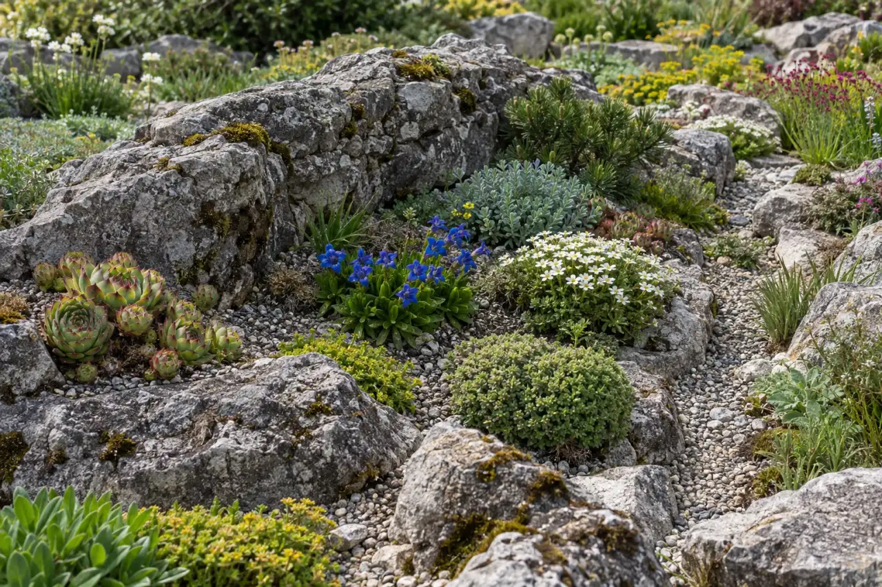 Kleine Gartenlandschaft aus Steinrücken, Pflanzmulde und niedrigen Gruppen