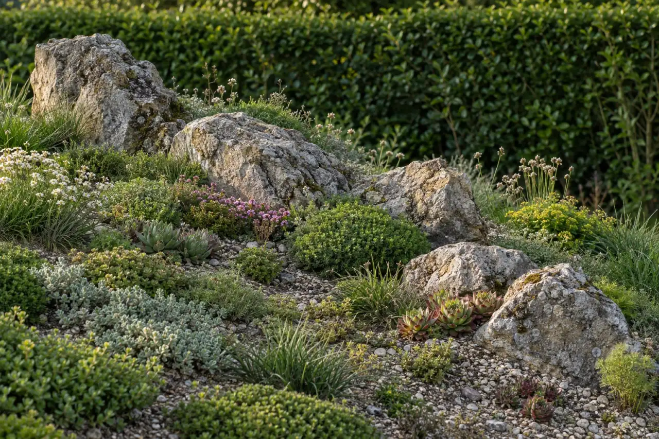 Zusammenhängende Natursteingruppe mit einheitlicher Richtung und bepflanzbaren Fugen